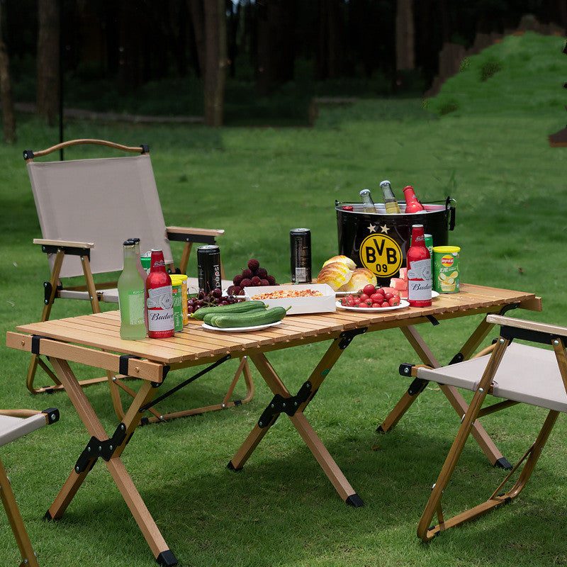 Mesa de rollo de huevo de haya de madera maciza para exteriores, mesa plegable para acampar