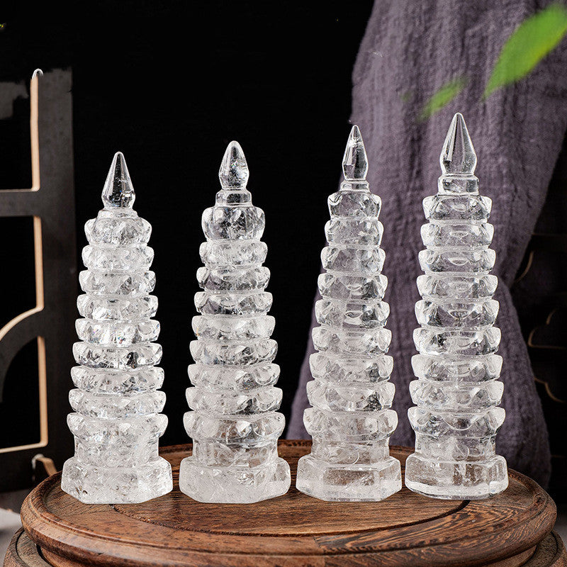 Natural White Crystal Man Cheong Pagoda Table Ornament