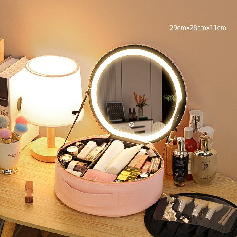 Trousse de maquillage ronde intelligente LED avec miroir lumières, sac de beauté pour femmes, grande capacité, organisateur de voyage en cuir PU, étui à cosmétiques