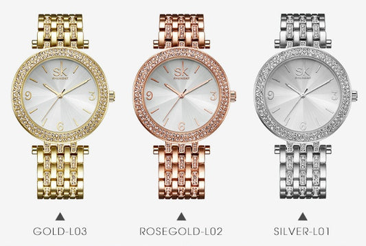 Relojes Shengke de lujo para mujer, marcas de relojes con esfera plateada de cristal, relojes de pulsera de diseño a la moda para mujer, relojes de pulsera para mujer, reloj femenino 