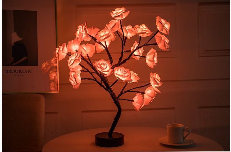 Lámpara de flores rosas, lámpara de mesa LED con batería USB, luces nocturnas de árbol bonsái, guirnalda de luces decorativas para dormitorio, decoración del hogar