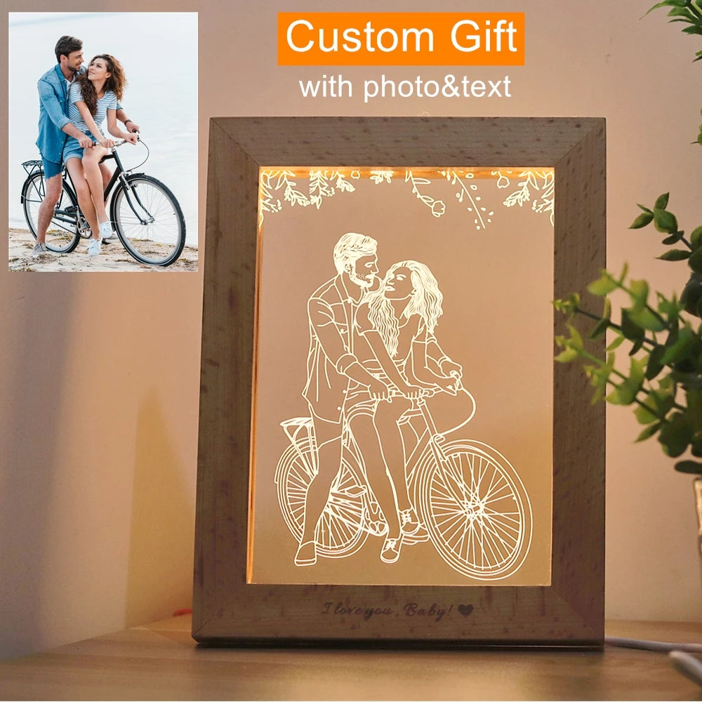 3D LED Photo &amp; Texte Lampe de Table Personnalisée Cadre Photo Bois Cadre Photo USB Nuit