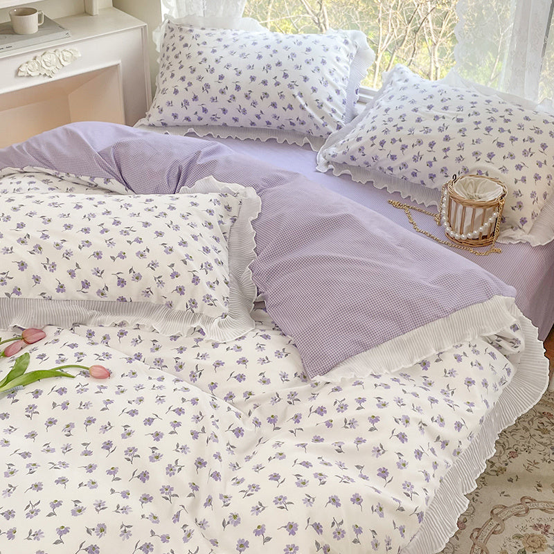 Housse de couette en coton lavé à petites fleurs, ensemble de draps de lit quatre pièces