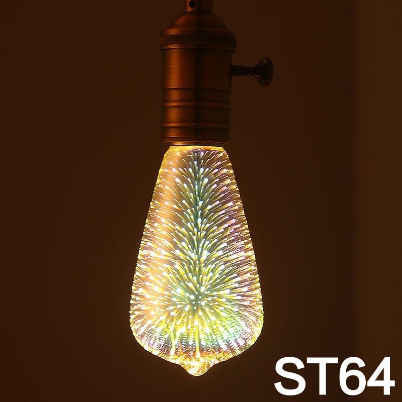 Bombilla LED decoración 3D fuegos artificiales 110 220V ST64 G95 G80 G125 A60 botella corazón luces navideñas novedad lámpara de Navidad