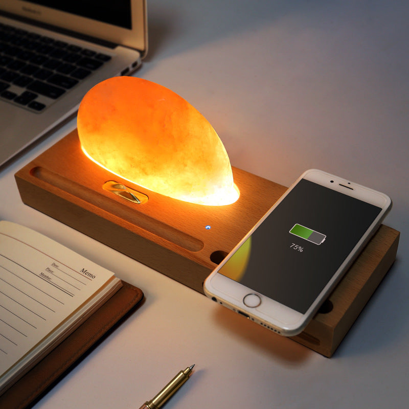 Sunrise – lampe de table led orientale, cadeau, lampe à sel avec téléphone portable, chargement sans fil, base en bois massif, abat-jour en sel minéral