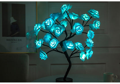 Lámpara de flores rosas, lámpara de mesa LED con batería USB, luces nocturnas de árbol bonsái, guirnalda de luces decorativas para dormitorio, decoración del hogar