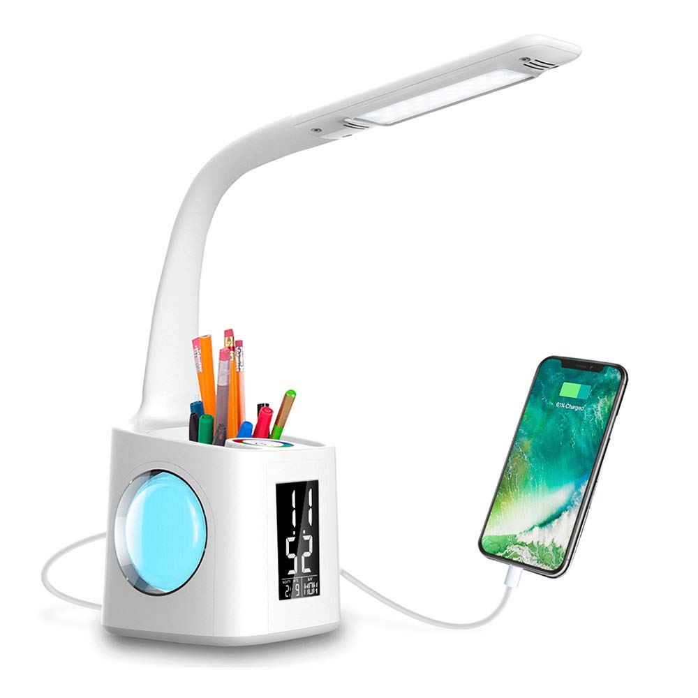 Lámpara LED de escritorio para estudio, puerto de carga USB, pantalla, calendario y colores, luz nocturna, lámpara de mesa regulable para niños con soporte para bolígrafo