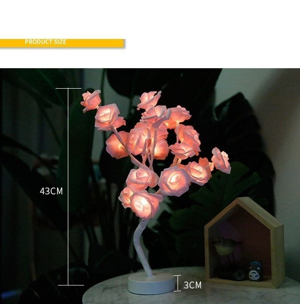 Lámpara de flores rosas, lámpara de mesa LED con batería USB, luces nocturnas de árbol bonsái, guirnalda de luces decorativas para dormitorio, decoración del hogar