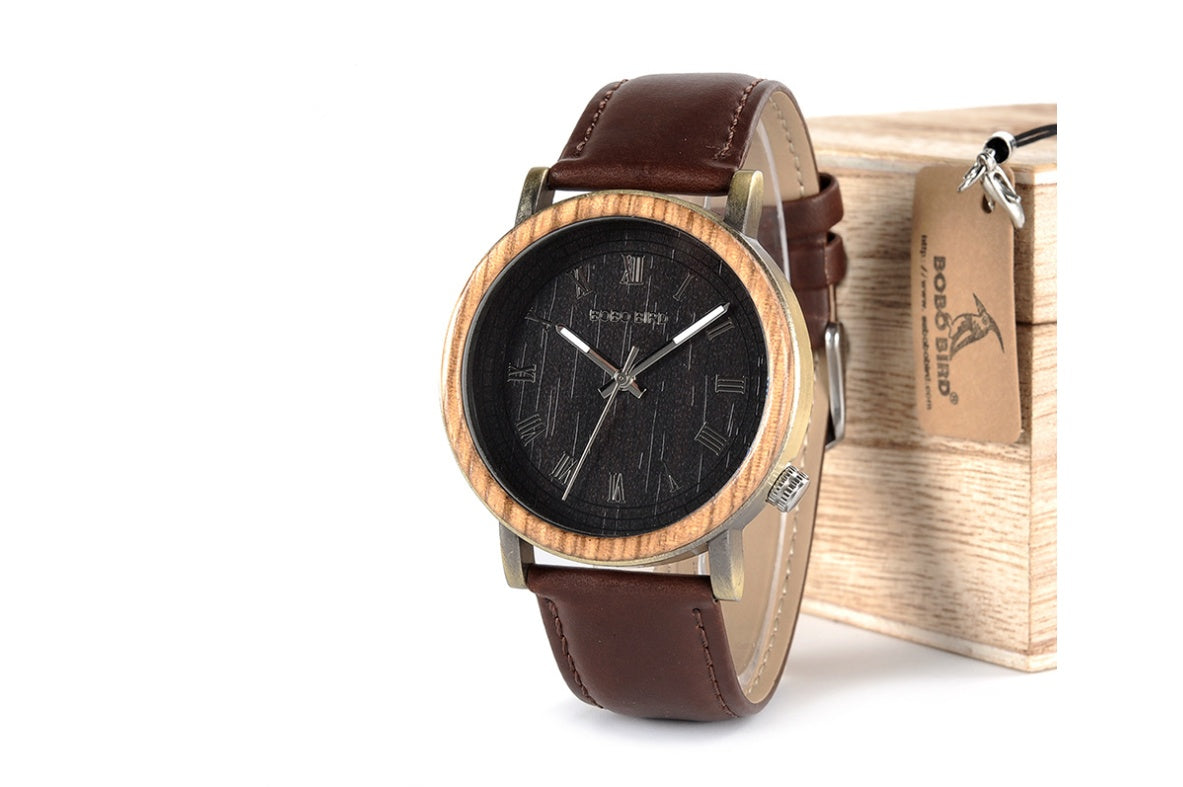 Reloj informal de madera con correa para hombre, mesa de madera, viento de jardín, cuarzo