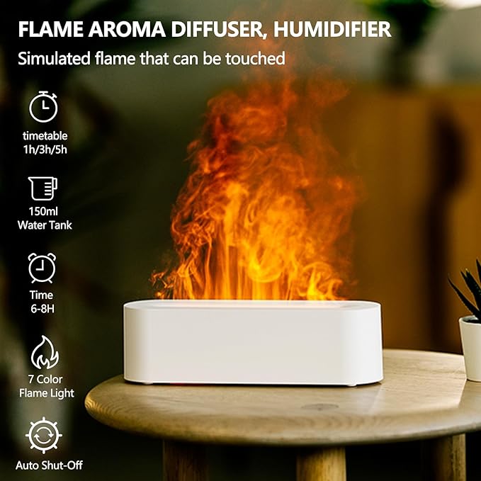 Difusores de aceites esenciales Flame, difusor de aromaterapia con luces de 7 colores, difusor de aceite, humidificador de aire, difusores de aroma para el hogar, dormitorio, oficina, yoga, temporizador y apagado automático sin agua 150 ml