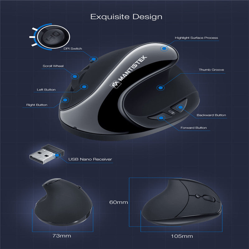 Souris optique ergonomique verticale 2.4G, 3 niveaux DPI réglables