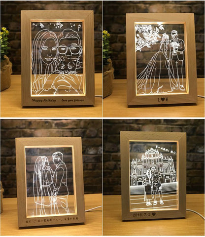 Lámpara de mesa personalizada con foto y texto LED 3D, marco de fotos de madera, marco de fotos USB, noche