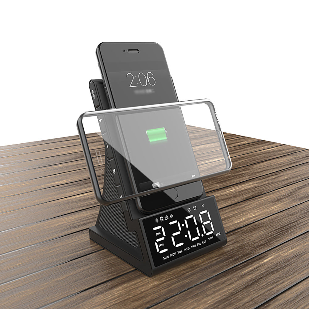 Compatible con Apple, altavoz Bluetooth con carga inalámbrica, reloj despertador LED