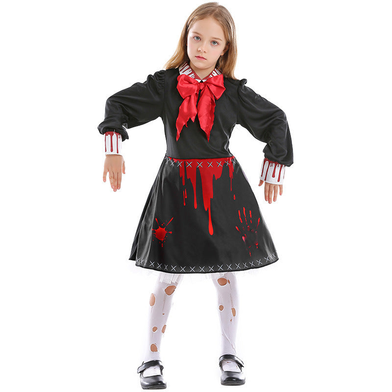 Costume de poupée d'horreur familiale pour femme, costume gothique sanglant de zombie effrayant pour adulte, costume de Cosplay de poupée d'horreur d'Halloween pour enfants