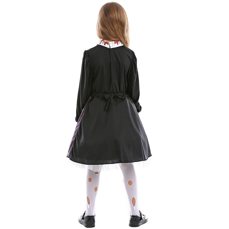 Costume de poupée d'horreur familiale pour femme, costume gothique sanglant de zombie effrayant pour adulte, costume de Cosplay de poupée d'horreur d'Halloween pour enfants