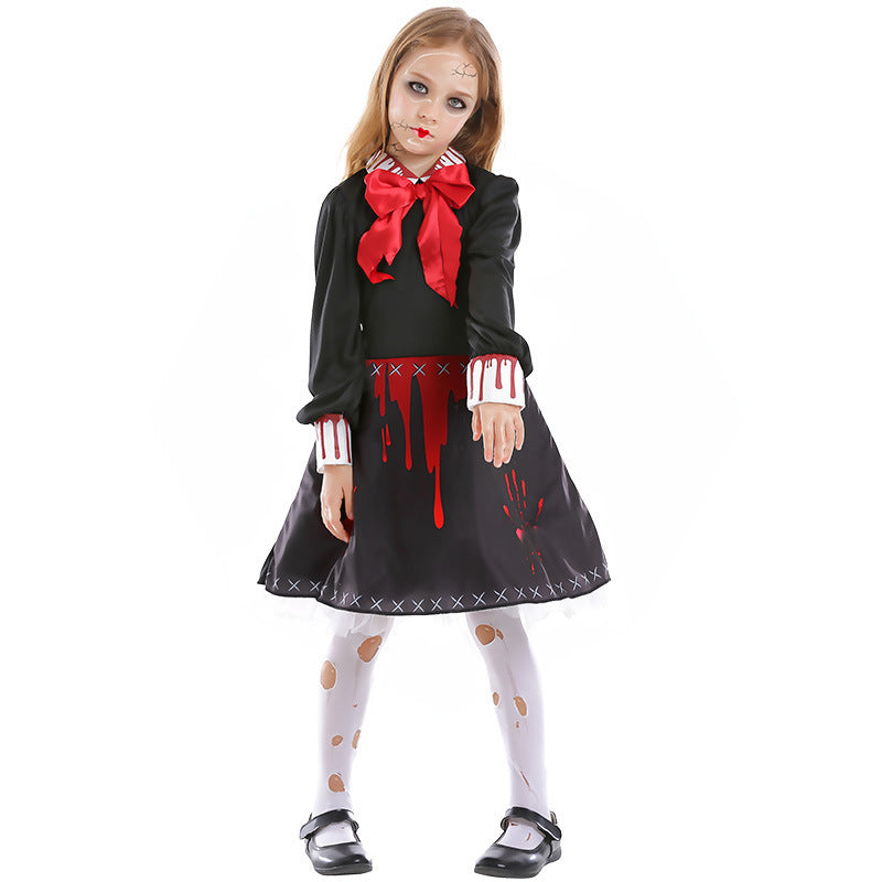 Costume de poupée d'horreur familiale pour femme, costume gothique sanglant de zombie effrayant pour adulte, costume de Cosplay de poupée d'horreur d'Halloween pour enfants