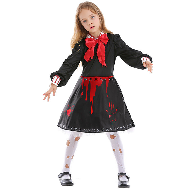 Disfraz de muñeca de terror familiar para mujer, disfraz gótico sangriento de zombi aterrador, disfraz de muñeca de terror de Halloween para adultos, disfraz de cosplay para niños