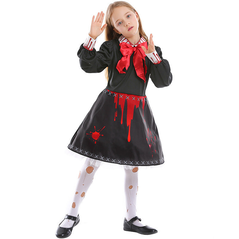 Costume de poupée d'horreur familiale pour femme, costume gothique sanglant de zombie effrayant pour adulte, costume de Cosplay de poupée d'horreur d'Halloween pour enfants