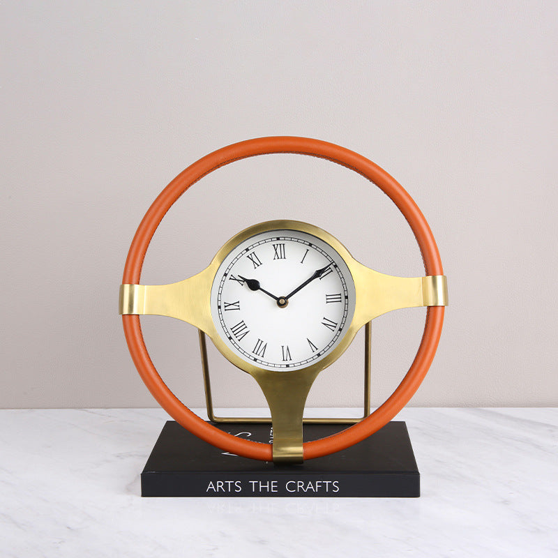 Metal Leather Steering Wheel Clock Ornaments Fashion Home Model Room Office Soft Decorations