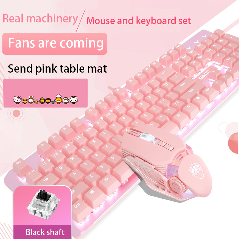 Rose véritable ensemble clavier et souris mécanique filles jeux de jeu mignons dédié filaire axe vert axe rouge fille coeur lumineux filaire ordinateur portable