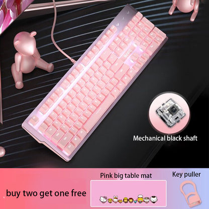 Juego de teclado y ratón mecánicos reales de color rosa, lindos juegos para niñas, dedicado con cable, eje verde, eje rojo, corazón de niña, cuaderno con cable luminoso