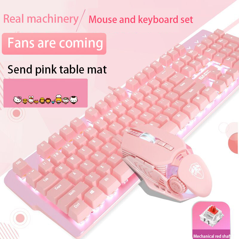 Juego de teclado y ratón mecánicos reales de color rosa, lindos juegos para niñas, dedicado con cable, eje verde, eje rojo, corazón de niña, cuaderno con cable luminoso