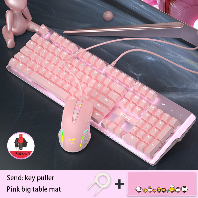 Rose véritable ensemble clavier et souris mécanique filles jeux de jeu mignons dédié filaire axe vert axe rouge fille coeur lumineux filaire ordinateur portable