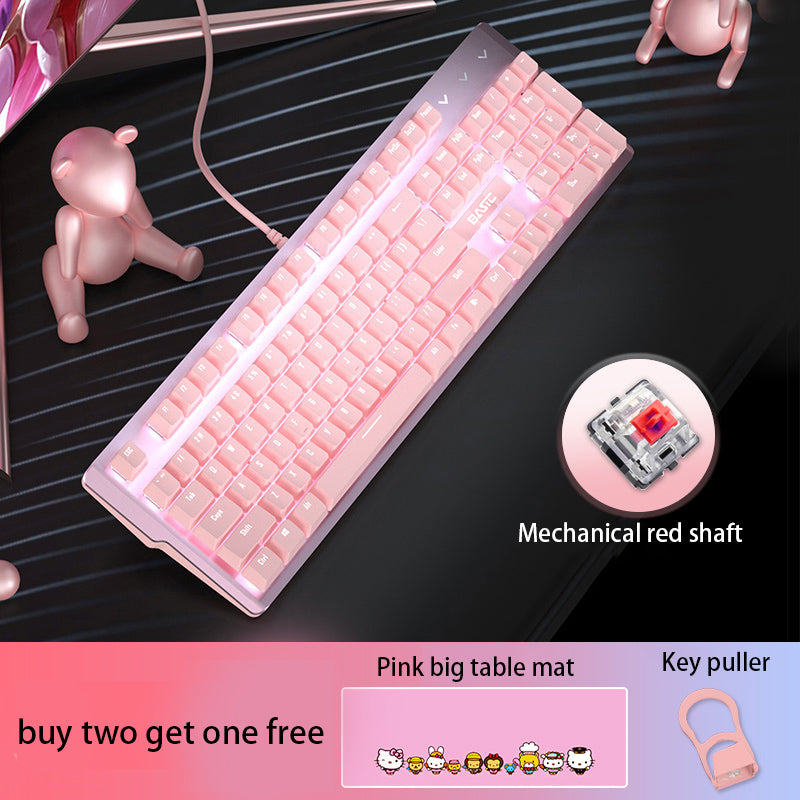 Rose véritable ensemble clavier et souris mécanique filles jeux de jeu mignons dédié filaire axe vert axe rouge fille coeur lumineux filaire ordinateur portable