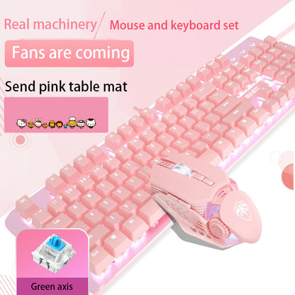 Rose véritable ensemble clavier et souris mécanique filles jeux de jeu mignons dédié filaire axe vert axe rouge fille coeur lumineux filaire ordinateur portable