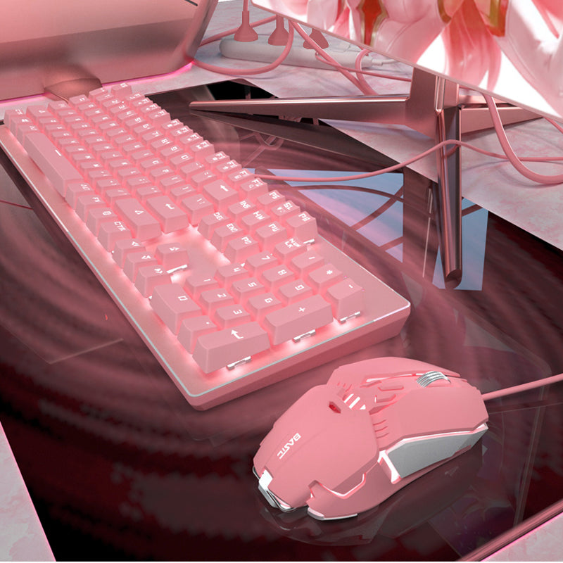 Rose véritable ensemble clavier et souris mécanique filles jeux de jeu mignons dédié filaire axe vert axe rouge fille coeur lumineux filaire ordinateur portable