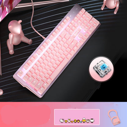 Juego de teclado y ratón mecánicos reales de color rosa, lindos juegos para niñas, dedicado con cable, eje verde, eje rojo, corazón de niña, cuaderno con cable luminoso