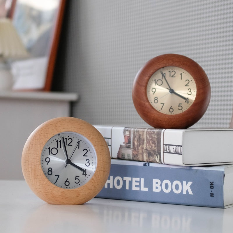 Small Round Egg Alarm Clock Retro Wooden Night Light Creative Mute Table Clock Student Bedroom Bedside Lazy Wake Up Clock