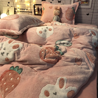 Housse de couette en velours corail avec motif de flocon de neige et de princesse en quatre pièces