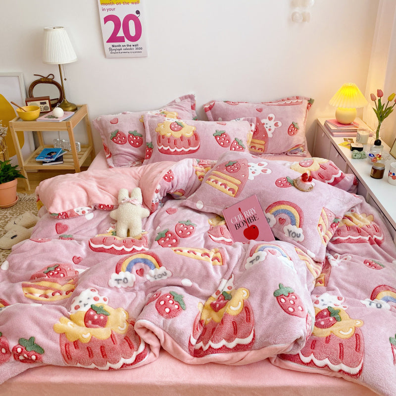 Four-Piece Princess Heart Snowflake Velvet Coral Velvet Bed Sheet Duvet Cover