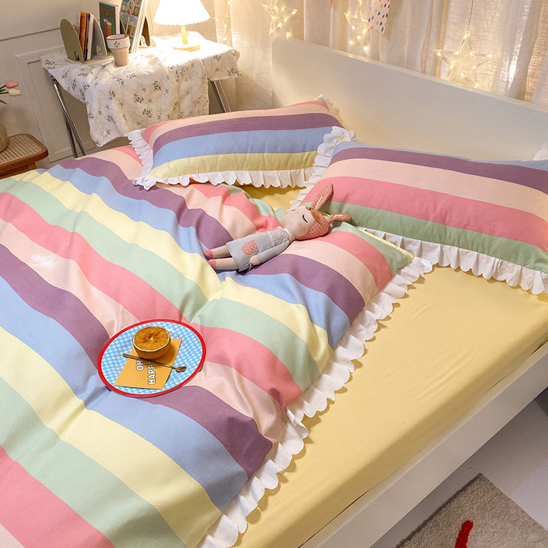 Rainbow Stripes Lace Four-piece Small Fresh Duvet Cover Princess Style Bed Sheet Bed Skirt