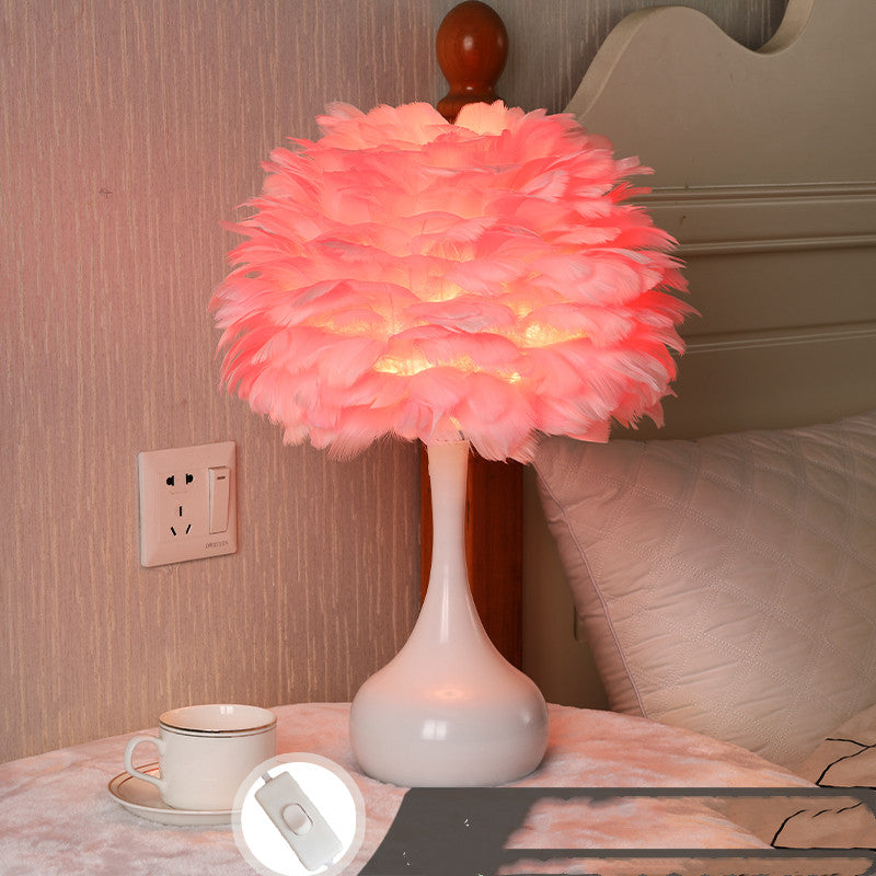 Lampe de Table en plumes, lampe de chevet de chambre à coucher, style nordique