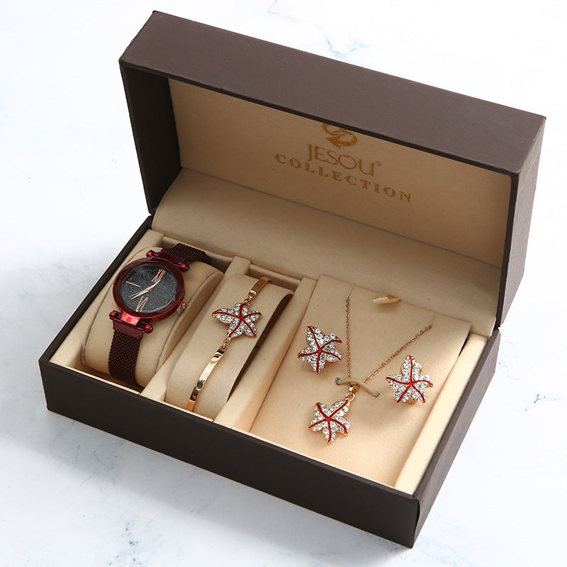 Women'S Quartz Table Waterproof Fashion Watch Inlaid Hand Chain Five-Piece Set