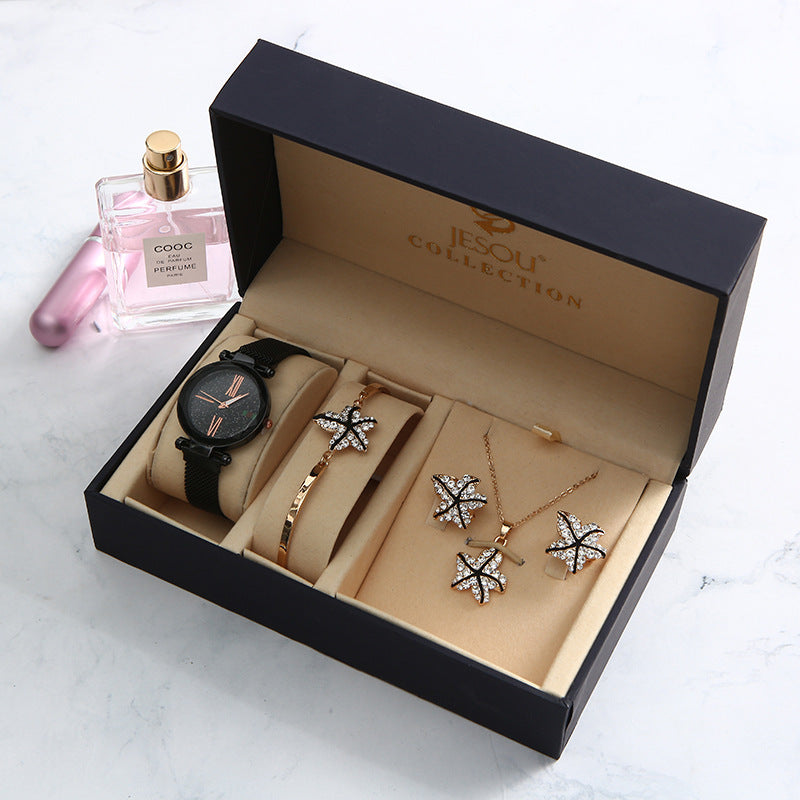 Women'S Quartz Table Waterproof Fashion Watch Inlaid Hand Chain Five-Piece Set