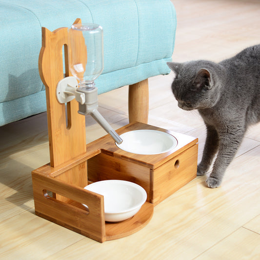 Meow Xianer Juego de mesa de comedor de madera maciza tipo cajonera bola Heqi fuente para beber comida para mascotas