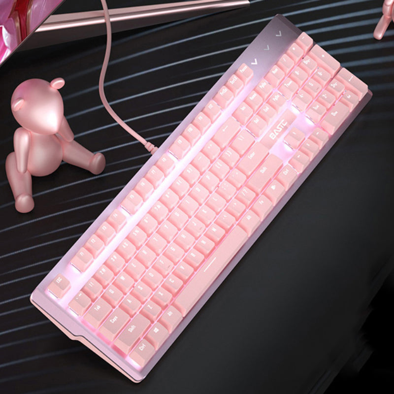 Juego de teclado y ratón mecánicos reales de color rosa para niñas, juegos de deportes electrónicos, eje verde con cable dedicado, eje rojo