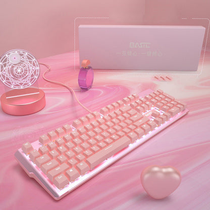 Juego de teclado y ratón mecánicos reales de color rosa para niñas, juegos de deportes electrónicos, eje verde con cable dedicado, eje rojo