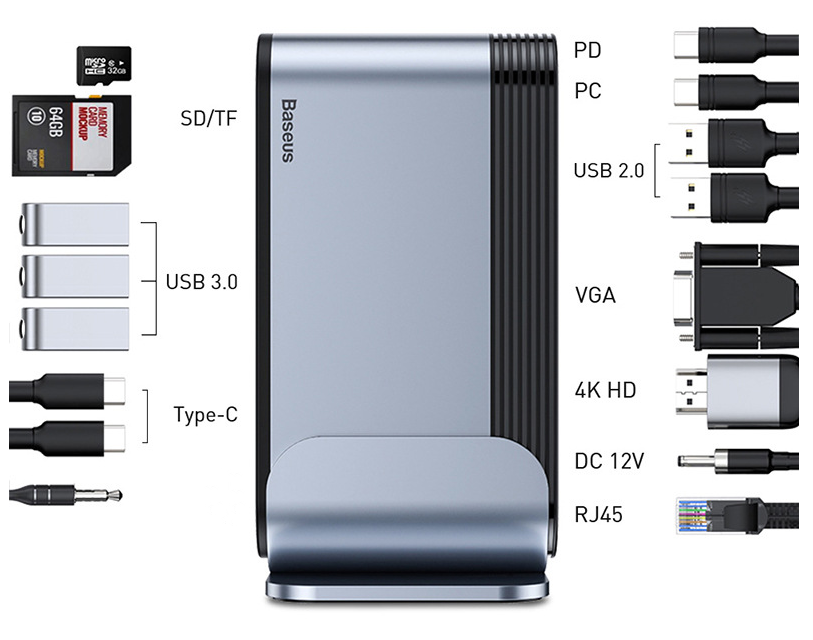 Station de travail répartiteur de moyeu multifonction de type C, station d'accueil multi-interface 16 en 1 avec alimentation