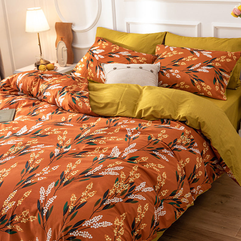 Ropa de cama de algodón de cuatro piezas, sábanas de algodón, funda de edredón de tres piezas para dormitorio de verano