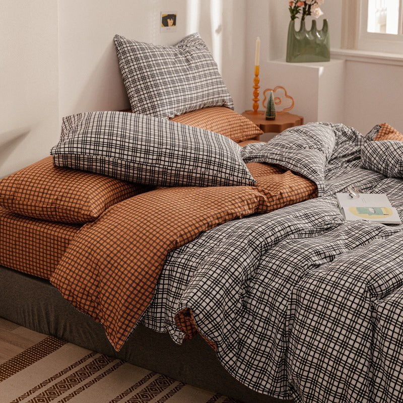 Cotton Four Piece Simple Quilt Cover Men  Plaid Dormitory Ssingle Quilt Cover Three 4-Piece Bed Sheet Jane