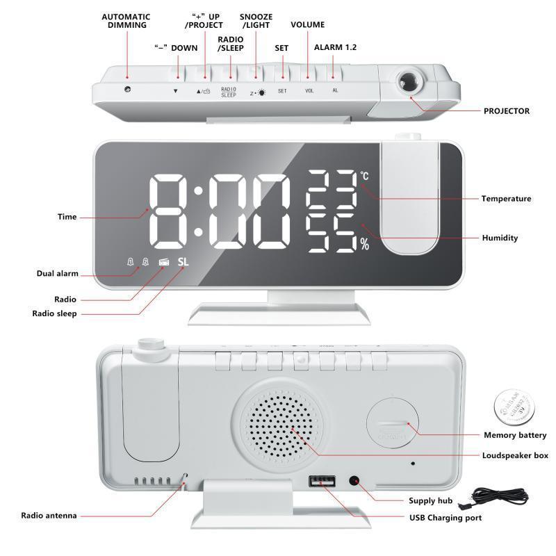 Radio Fm, Reloj Despertador Inteligente Digital Led, Reloj Electrónico, Reloj De Mesa, Reloj Despertador Usb con Tiempo De Proyección, Posponer