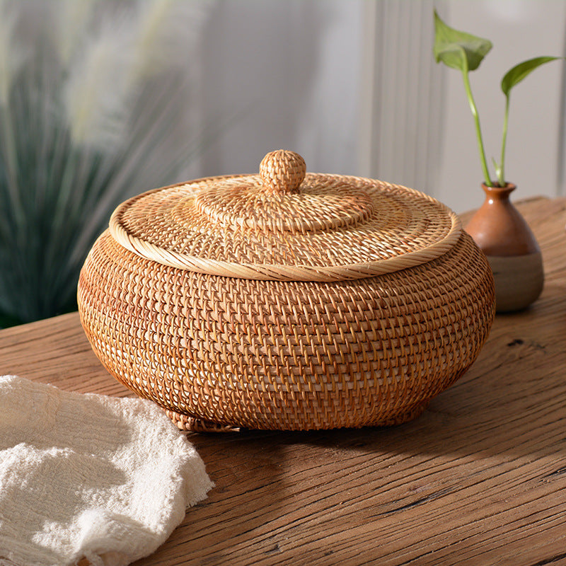 Handmade Autumn Rattan Woven Basket Storage Basket Round Coffee Table Desktop Living Room Bread Large Candy Box