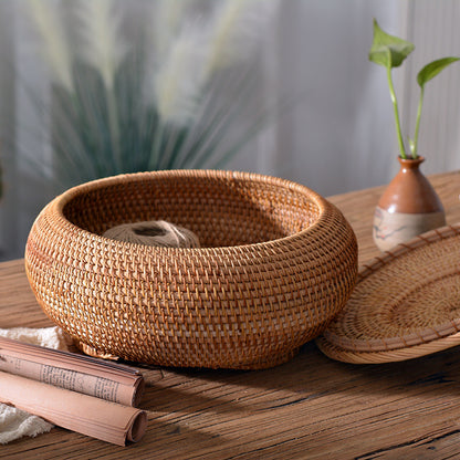 Handmade Autumn Rattan Woven Basket Storage Basket Round Coffee Table Desktop Living Room Bread Large Candy Box