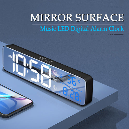 Reloj despertador Digital LED con música, indicador de fecha y temperatura, relojes de espejo de escritorio, decoración de mesa para el hogar, reloj electrónico