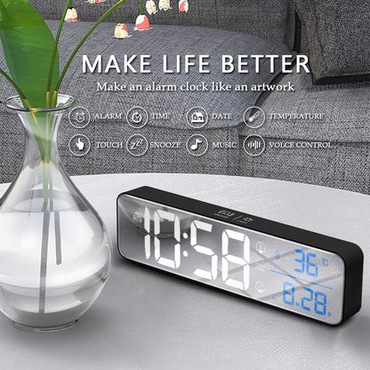 Reloj despertador Digital LED con música, indicador de fecha y temperatura, relojes de espejo de escritorio, decoración de mesa para el hogar, reloj electrónico