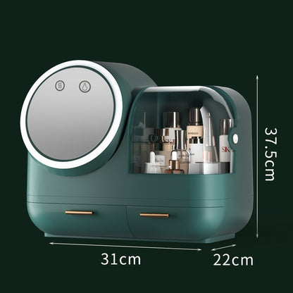 Caja de almacenamiento de cosméticos a prueba de polvo con espejo, estante de mesa de gran capacidad integrado para escritorio